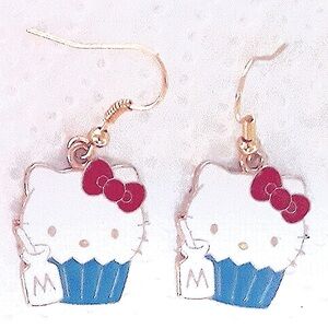 Hello Kitty Red Bow Blue Cupcake Dangle Earrings Gold Enamel Stainless Ste…